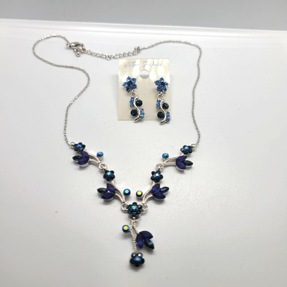 Jewelry - Y Necklace & Earrings Set, Blue & Silver